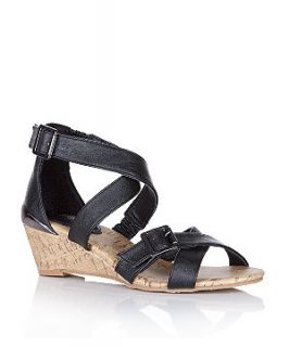 Black Buckle Low Wedge Strappy Sandals