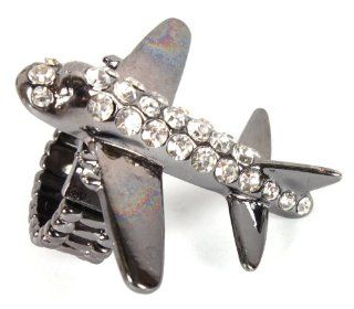 2 Pieces of Adjustable Size Stretch Black Airplane Ring One Size Fits All with Many Rhinestones Jewelry