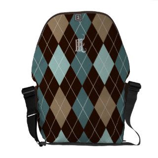 Chocolate Brown and Blue Argyle Monogrammed Tote Courier Bags