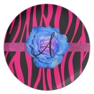 Hot pink zebra stripes monogram blue rose party plates