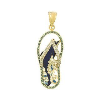 14k Gold Beach Necklace Charm Pendant, Dolphin Flip Flop Sandal With Blue Enamel Million Charms Jewelry