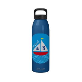 Monogrammed Red Sailboat Marine Nautical Blue Sea Drinking Bottle
