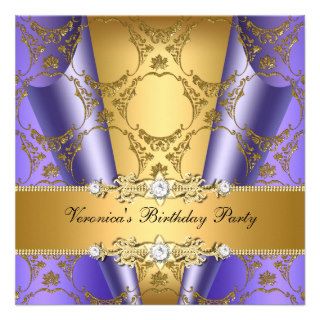 Gold Purple Damask Floral Elegant Birthday Party Custom Announcement