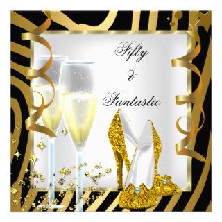 50 & Fantastic Zebra Black White Gold Party Custom Invitations