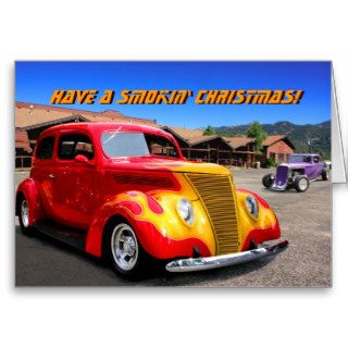 Smokin' flame red hot rod car Christmas card