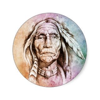 Sketch of tattoo art, portrait of American Indian Stickers