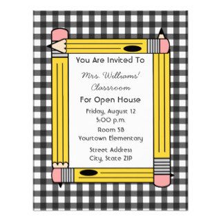 Classroom Open House Yellow Pencils, Gray Gingham Personalized Announcement