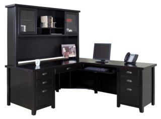 kathy ireland Home by Martin Tribeca Loft Executive L Shaped Desk with Optional Hutch   Black   Desks