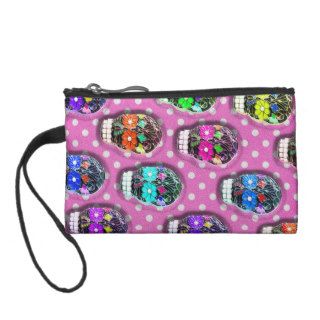 Whimsical floral sugar skull on pink polka dots change purse