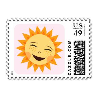 Laughing cartoon sun pink postage stamps