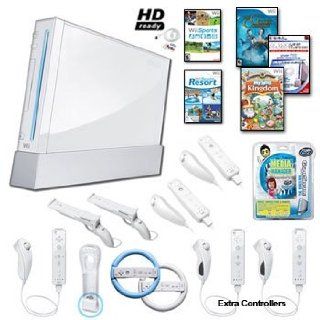 Nintendo Wii White Holiday Family Bundle with Extra Remotes and Nunchucks, Games, Wheels, and Much More Video Games