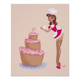 Pinup Chef Girl Icing a Cake Poster