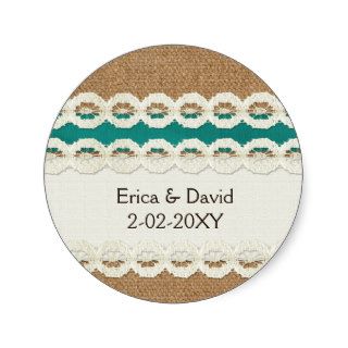 FAUX aqua lace and burlap , wedding seals Round Stickers