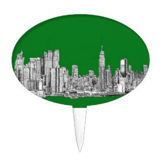 New York skyline ink in green Oval Cake Topper
