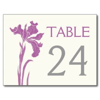 Iris flower purple, grey wedding table number post cards