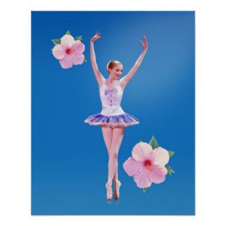Ballerina on Blue with Pink Hibiscus Print
