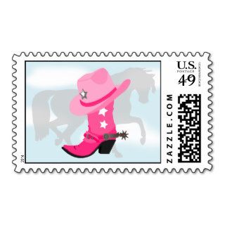 Cowgirl Pink Boot, Hat and Horse Western Design Postage Stamps