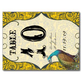 Navy and Mustard Peacock Love Bird Table Number Post Card