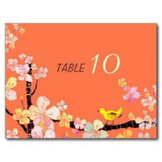 Sakura Bird Orange Wedding Table Number Postcards