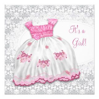 Elegant Dress Pink and Gray Damask Baby Shower Invite