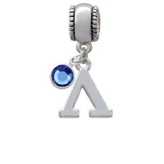 Large Silver Greek Letter   Lambda   Charm Bead with Sapphire Crystal Dangle Delight Jewelry