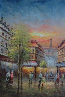 Street Scene Near Paris Eiffel Tower Large Oil Painting 36x24 Inch, Unstretched/Unframed  
