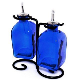 Latin Olive Oil & Vinegar Kitchen Colored Glass Bottle Pourer Set/2 ~ G18 Cobalt Blue Glass Cruet Pourer, Liquid Dispenser Glass Bottles with Stainless Steel Spouts & Black Metal Swirl Stand Kitchen & Dining
