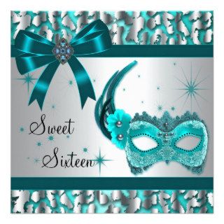 Teal Blue Leopard Sweet Sixteen Masquerade Party Custom Announcements