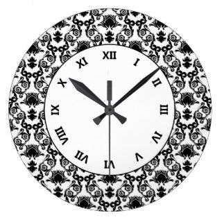 Black on White Tulip Damask Pattern Round Wall Clock