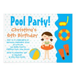Cute Girls Pool Party Birthday Party Invitations