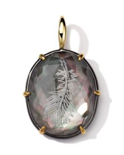 Black Sterling Silver and 18k Gold Intaglio Feather Charm, Black Shell Doublet  