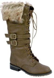 Ladies Fur Top Combat Lace Up Boots Military Style Tan (Size 8) Shoes