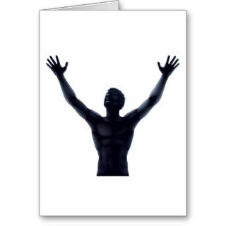 Man silhouette hands raised card