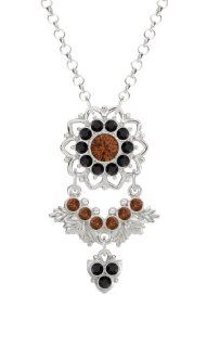 Pleasing Pendant by Lucia Costin with Leaf Elements and Multi Petal Flower, Decorated with Brown and Black Swarovski Crystals; .925 Sterling Silver; Handmade in USA Lucia Costin Jewelry