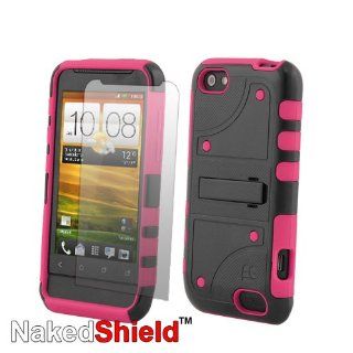 HTC ONE V Tough Armor Skin Case with KickStand and Naked Shield Screen Protector   Black/Pink Cell Phones & Accessories