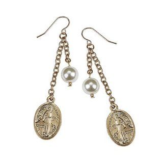 Religious & Inspirational. Catholic Religious Relics & Chain Earrings w/ Ivory Pearl Accents •Features * Worn Gold Plating * Religious Relics & Chain Earrings * Ivory Pearl Accents * Fish Hook Ear Wires •Religious Relics & Ch
