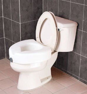 Raised Toilet Seat   Blow molded locking raised toilet seat without arms has front clamping mechanism ensures secure easy locking onto toilet. Height 7", width 21", depth 17". Weight capacity of 300lbs. 