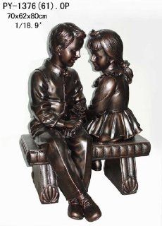 Indoor Outdoor Garden Patio Girl and Boy Sitting on Bench Bronze Colored Statue Sculpture 32"H   Sister Sculpture Outside