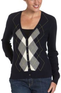 IZOD Womens Long Sleeve Vee Neck Cardigan with Placed Argyle, Sailor Navy, Large Cardigan Sweaters