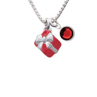 Small 3 D Red Present Box with Silver Bow Charm Necklace with Siam Crystal Drop Delight & Co. Jewelry
