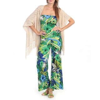 Women's Green and Royal Blue Floral Print Strapless Jumpsuit Rompers & Jumpsuits