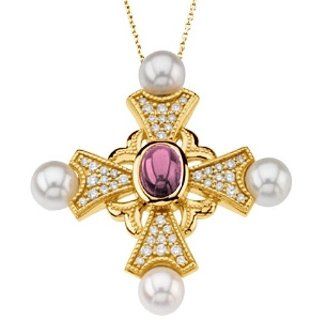 14K Yellow Gold Pink Tourmaline, Pearl and Diamond Cross Pendant    LIFETIME WARRANTY Jewelry
