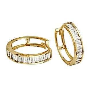 14K Yellow Gold 4mm Thickness Baguette CZ Channel Set Large Polished Hoop Huggies Earrings (0.6" or 15mm) Jewelry