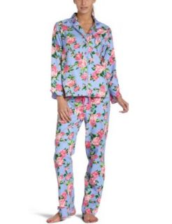 Betsey Johnson Women's Flannel Pajama Set, Thunder Rose Blue Dahlia, Small