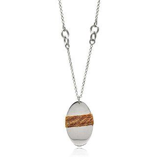 .925 Sterling Silver Two Tone Rose Gold and Rhodium Plated Oval Disc with Rope Design Italian Charm Necklace   18" Inches The World Jewelry Center Jewelry