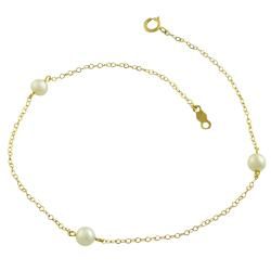 10k Yellow Gold White Freshwater Pearl Station Anklet (4.5 mm) Anklets