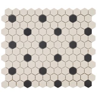 SomerTile 12.75x11 in New York 1 in Hex White/Black Dot Unglazed Porcelain Mosaic Tile (Pack of 10) Somertile Wall Tiles