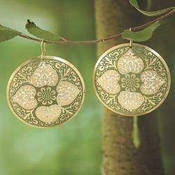 Handcrafted Large Goldtone Green Enamel Drop Earrings (India) Earrings