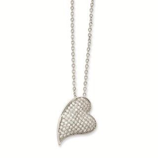 Sterling Silver & CZ Cubic Zirconia Brilliant Embers Polished Heart Necklace   18" Inches   Micro Pave Stone Collection Reeve and Knight Jewelry