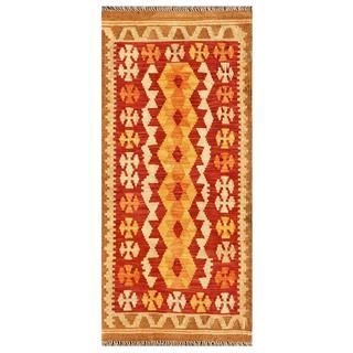 Afghan Hand knotted Mimana Kilim Red/ Yellow Wool Rug (2'1 x 4'6) Runner Rugs